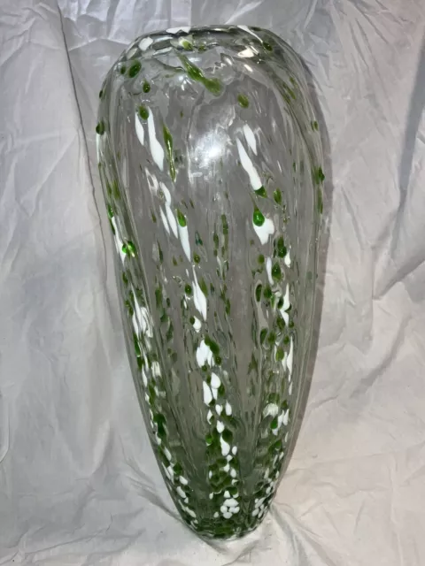 Vintage Green & White Speckled Hand Blown Glass 14" Tall Vase "Unique"