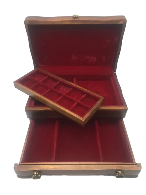 Vintage Wooden Jewelry Box Red Velvet Interior Lining Brass Engraving Plate