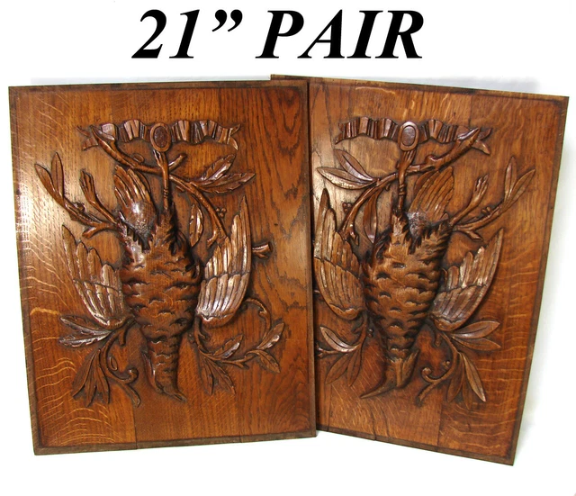 Antique Victorian Black Forest Style Carved Oak Salvage Panel PAIR, Hunt Birds