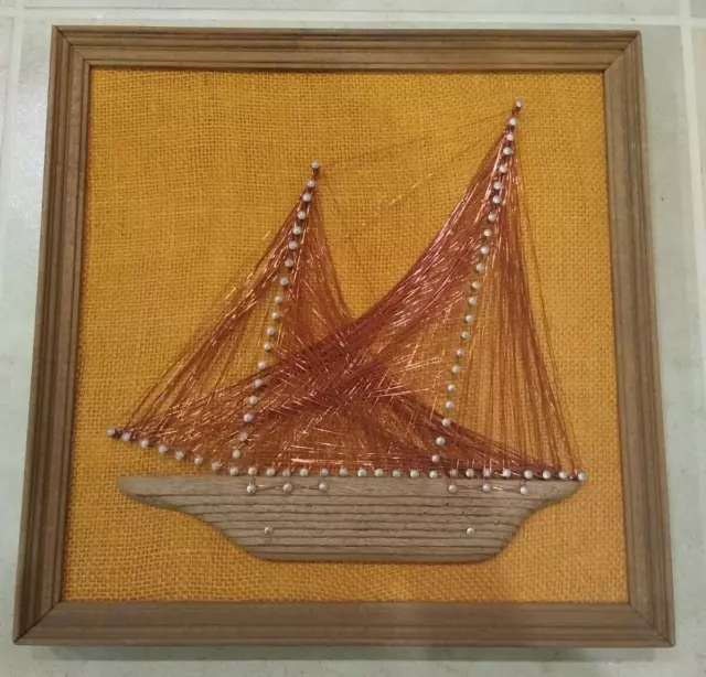 Vintage Sailboat Picture String Art Framed Artwork Wall Hanging Nautical 60s 70s