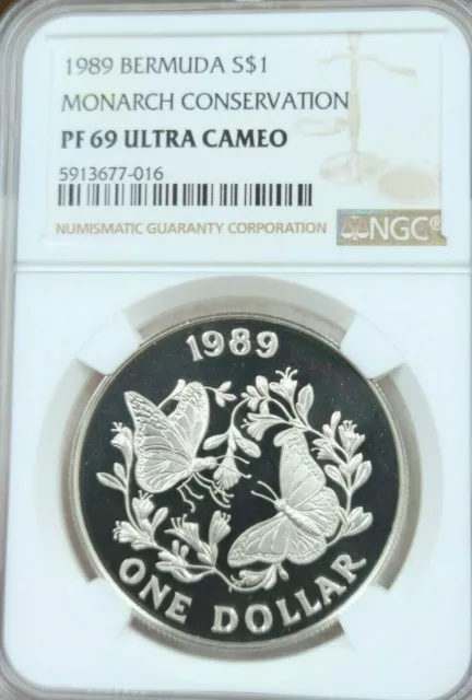 1989 Bermuda Silver 1 Dollar Monarch Conservation Ngc Pf 69 Ultra Cameo Scarce