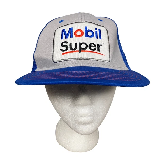 Vintage Mobil Super SnapBack Trucker Hat Cap Go The Distance Tour Blue Gray Mesh