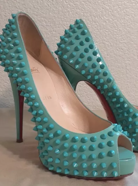 Christian Louboutin Patent Leather Lady Peep Toe Spike Pumps - Teal Size 38.5