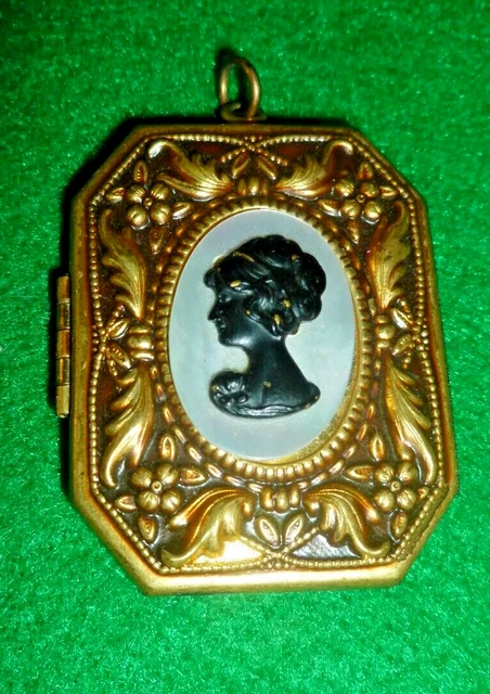 Vintage Large Gold Tone Locket Pendant Ornate Mother of Pearl Cameo