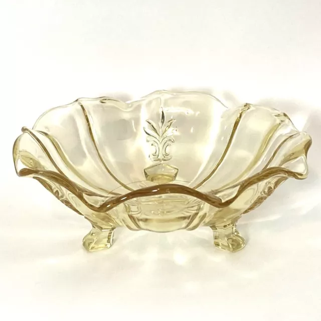 Vintage Fostoria Baroque Glass Bowl 7" Flared_Topaz /Yellow Depression _Tri Foot