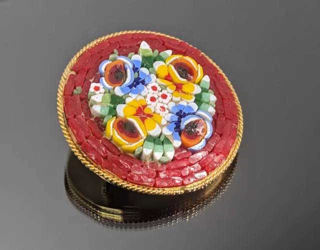 Vtg 1930s Artisan Italy Gold Tone Micro Mosaic Milefiori Inlay Floral Bouquet