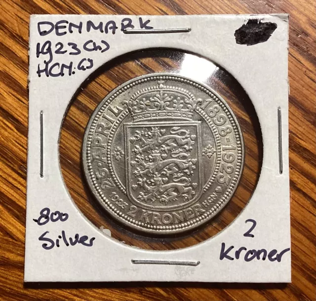 Denmark 1923 Christian X Silver Wedding 2 Kroner Silver Coin (AU)