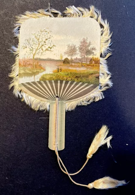Antique Victorian Christmas Fan-Shaped Greeting Card Double Sided Silk Fringe