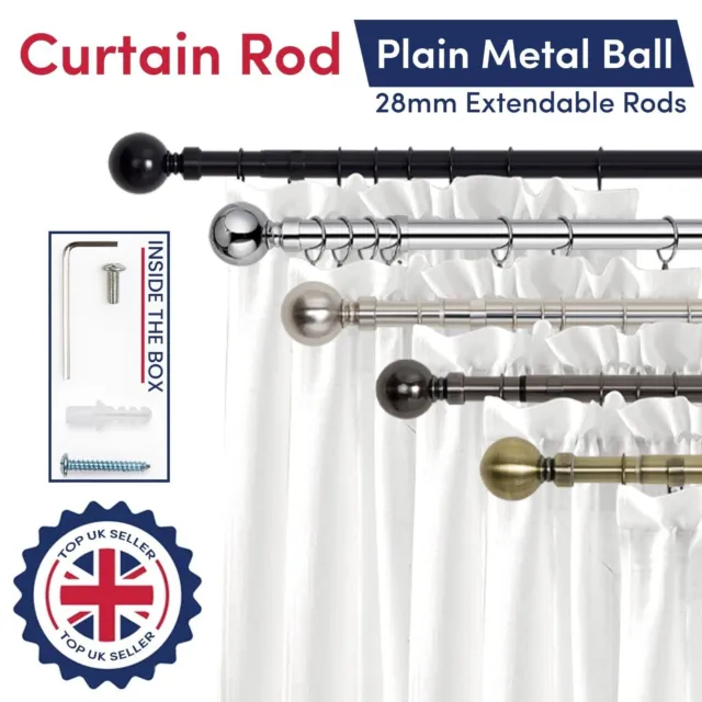 Modern Extendable Metal Curtain Pole 28mm With Finials Rings Hooks Rod Fittings