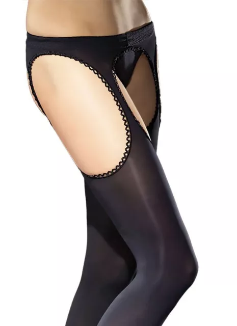 Sexy Crotchless Suspender Opaque Black Tights - Open Crotch, Fiore Diavola 2