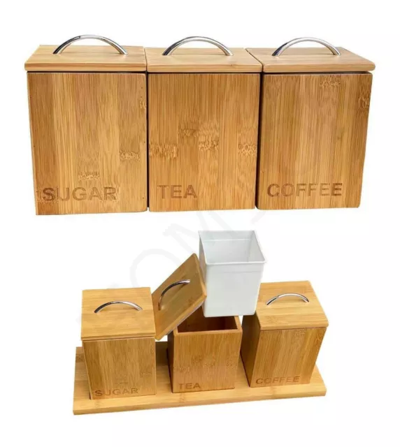 Bamboo wooden tea coffee sugar storage jars set holder tray organizer kitchen