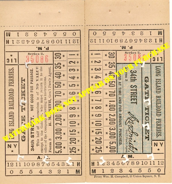 Long Island Rail Road LIRR Ferry Gate Ticket (Cash Fare Receipt) c1910 both half