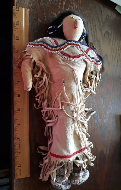 OLD Native American Indian Art Bead Kachina Doll Real Hair Rawhide North Plains