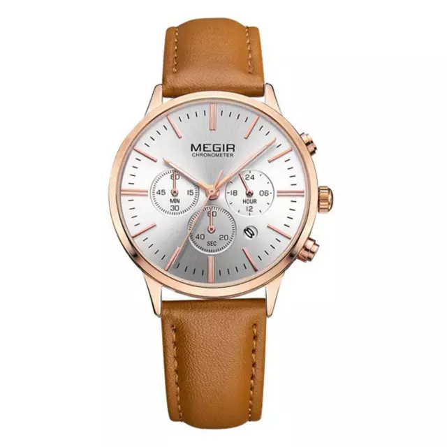 Megir Ladies Round Quartz Analogue Luxury Watch Rose Gold Watches Brown Leather