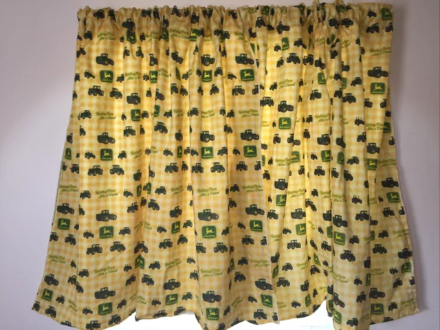 Vintage John Deere Tractor Farm House Curtains Yellow Green Plaid Calico Print