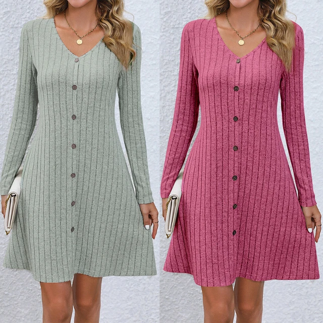 Abito In Vita Con Bottoni Maniche Lunghe Abito Top Mini Abito Maglione ▼