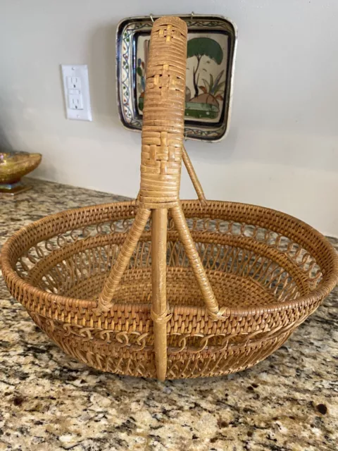 Antique Victorian ~ Rattan / Wicker ~ Gathering Basket ~ with Fancy Weaving