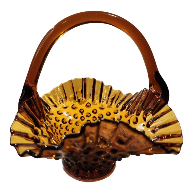 Fenton Hobnail Crimped Ruffled Basket Dark Amber Applied Handle 6" Tall