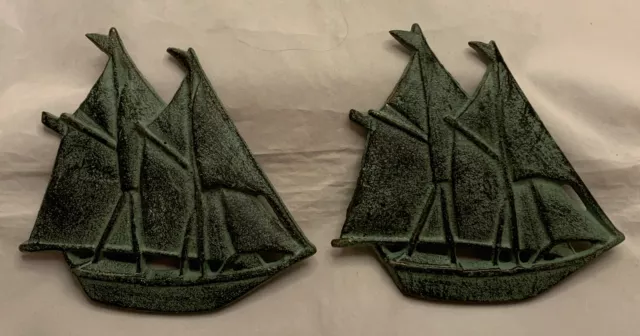 Set of 2 Cast Iron Ships Schooners Wall Hangings 6”x 6” antiqued green Nautical