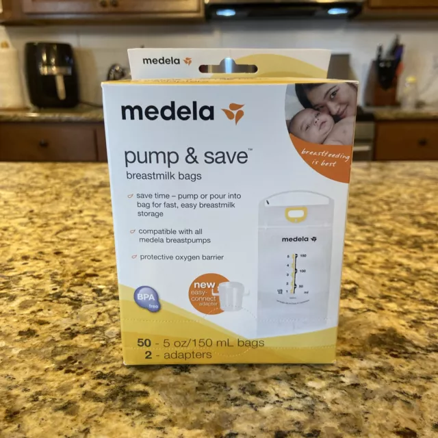 Medela Pump and Save NIB 50 Breast Milk Bags Plus 2 Adapters
