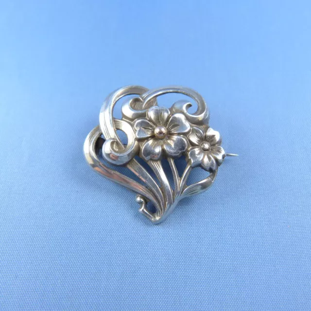 Art Nouveau Sterling Silver Flower Brooch / Antique Pin