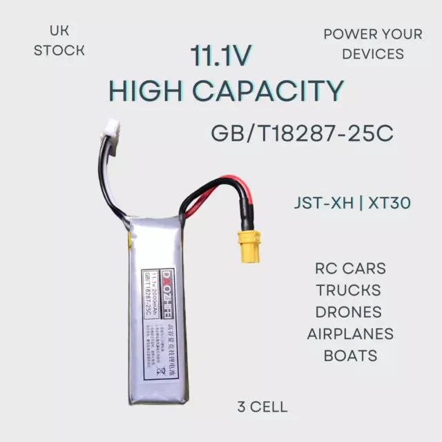 11.1V 2000mAh LiPo Battery w/ XT30 & JST-XH for RC/Airsoft - 25C Discharge"