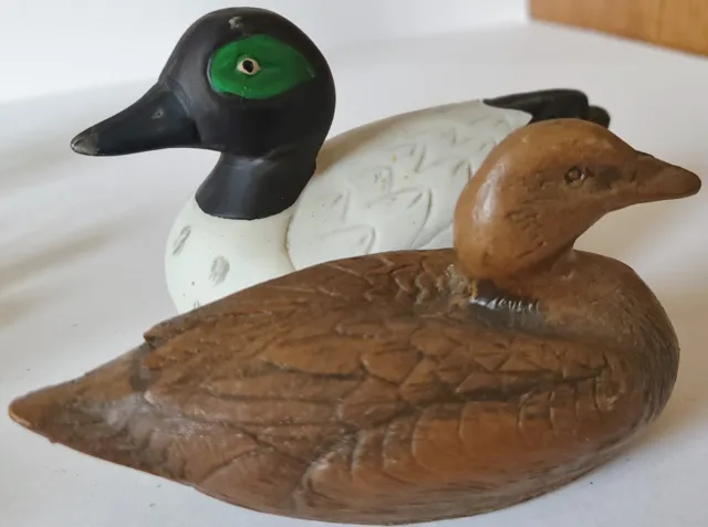 2 Vintage Duck Figurines - 5.5 Inch Long Bisque Porcelain and 5 Inch Long Wood