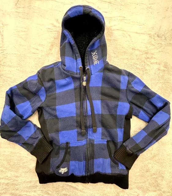 Fox Racing Girls Size S Flannel Jacket Lined Hoody Full Zip Blue Plaid Check