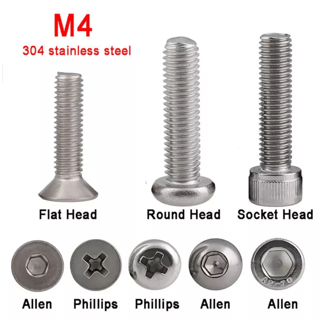 M4 Flat Head / Round Head / Socket Head Screws Phillips / Allen Key Stainless