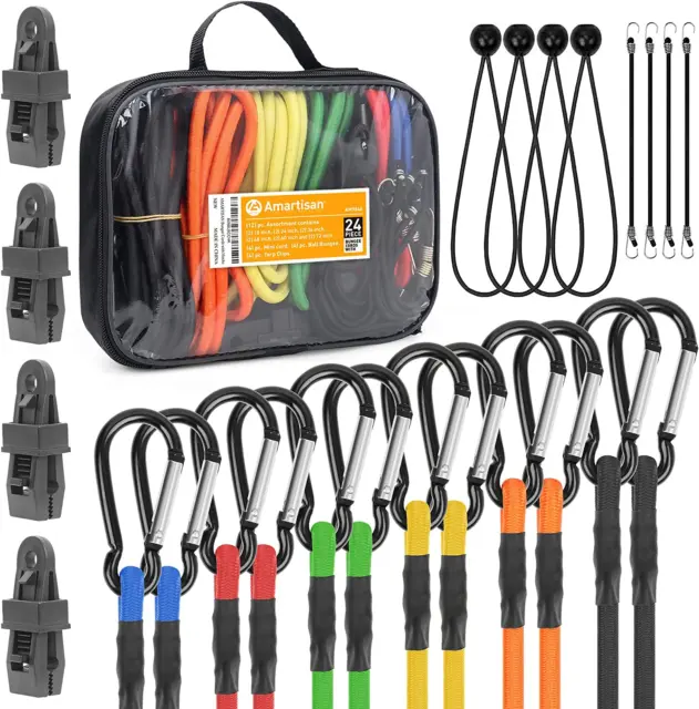 24PC Bungee Cords with Carabiner Hooks Heavy Duty, 72", 60", 48", 36"