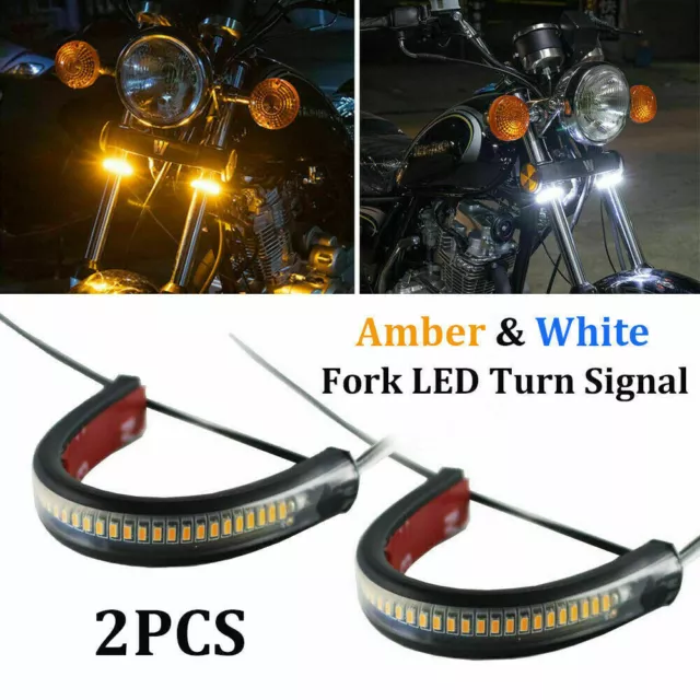 2X LED Universal Amber Motorcycle Fork Turn Signal Indicator Blinker Light Strip