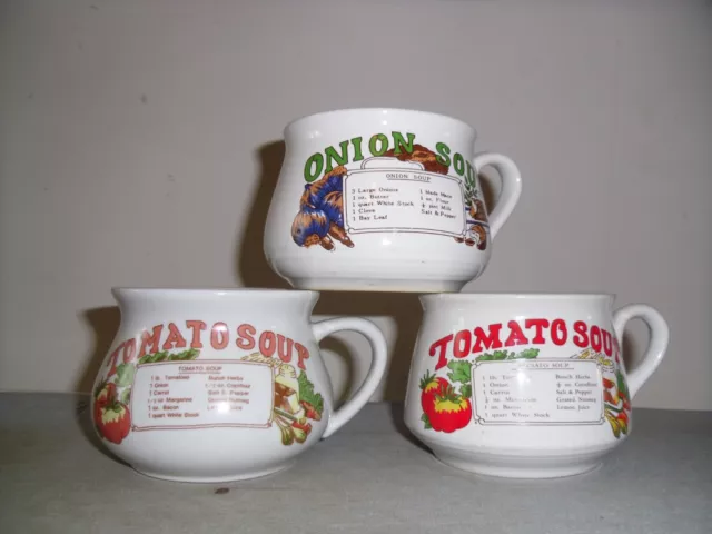 Vintage Recipe Soup Mugs Bowls Set of 3 Ceramic With Handles 1970s Collectable