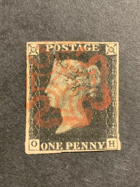 1840 Penny Black Plate 5 OH  Four Margin (just) But Faults Small Thin And Tear