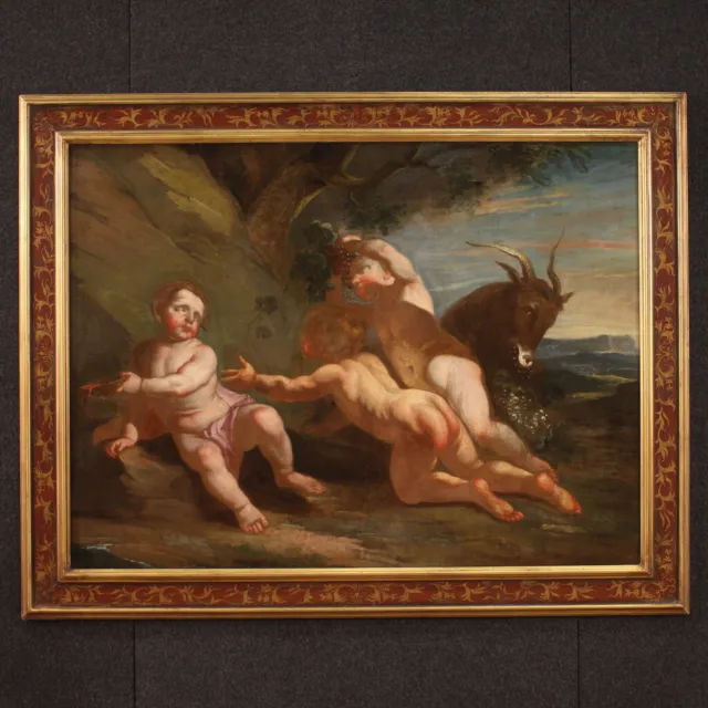 Antiguo juego de querubines pintura bacanal oleo sobre lienzo cuadro siglo XVII