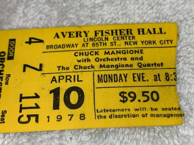 Chuck Mangione 1978 Used Concert Ticket Stub Avery Fisher Hall  New York City