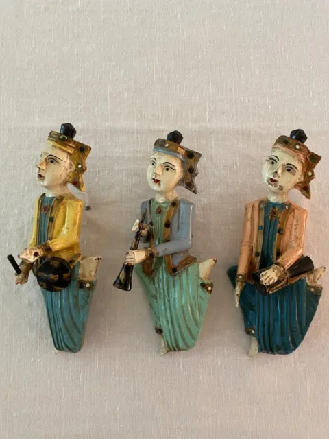 Vintage Handmade Wooden Burmese Musicians Figurines Wall Hangings (3)