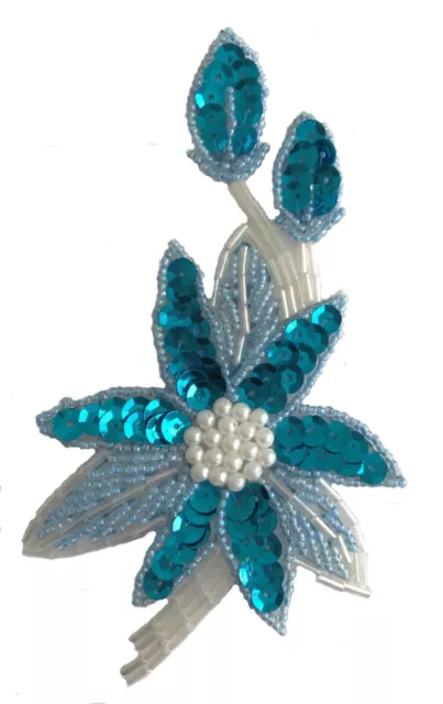 Turquoise Large Flower Leaves Floral Beaded Sequined Sew-On Applique Craft VTG