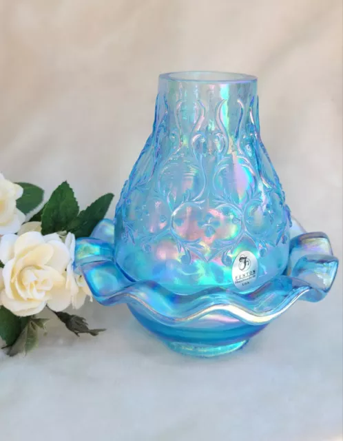 VTG FENTON BLUE Carnival Glass Iridescent Spanish Lace Ruffle Fairy ...