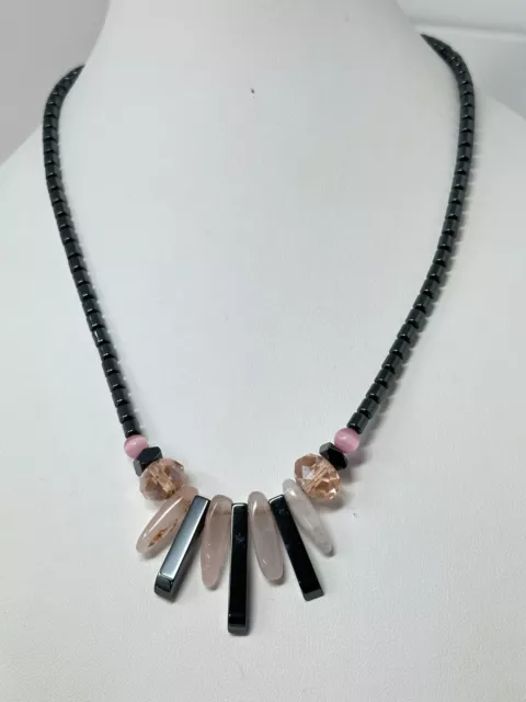 Beautiful Beaded Hematite Rose Quartz Pink Cat's Eye Crystal 18.5" Necklace