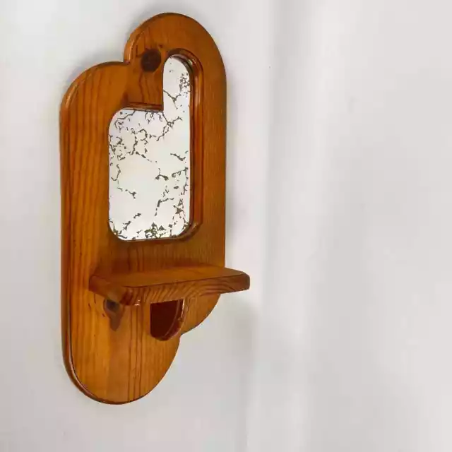 Vintage Asymmetrical Wooden Wall Sconce With Mirror and Shelf