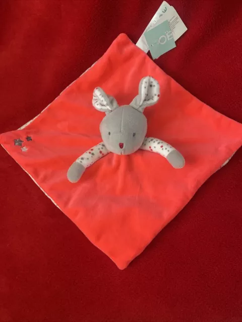 🇫🇷 Doudou Obaibi Okaidi Lapin Plat Blanc Rouge Etoile Gris  100 % Neuf