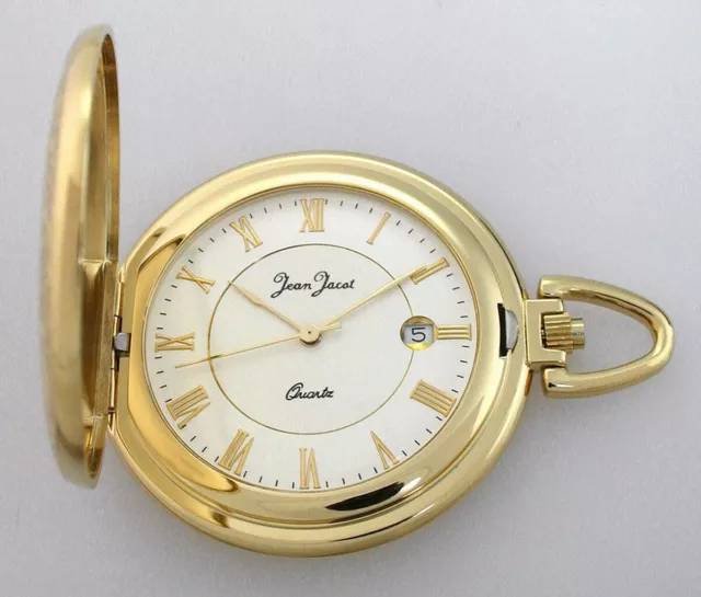 Small Elegant Gold Plated Jean Jacot Quartz Pocket Watch with Chain, Date