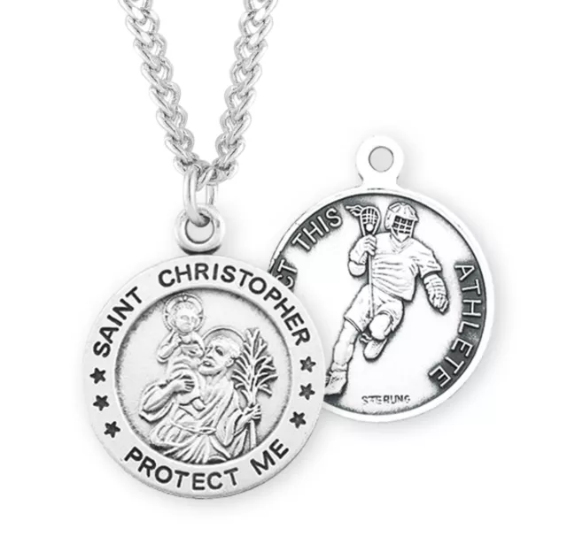 Saint Christopher Sterling Silver Lacrosse Male Athlete Medal Pendant Necklace