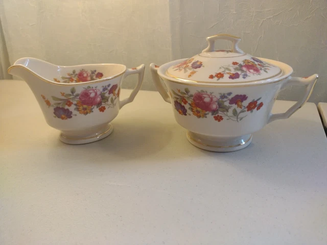 Old Ivory Syracuse China Sharon Pattern Sugar Bowl & Creamer (Set) Vgc