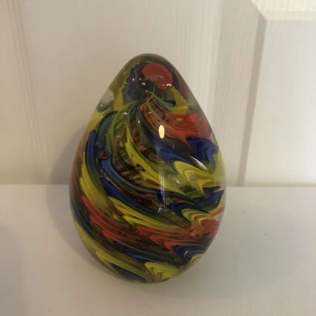 Egg Shaped Vintage Spiral Art Glass Paperweight Red Yellow Blue Swirl 5” Inches