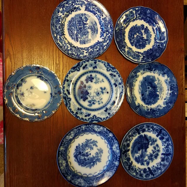 Antique Lot of 7 Flow Blue Plates - Please Read