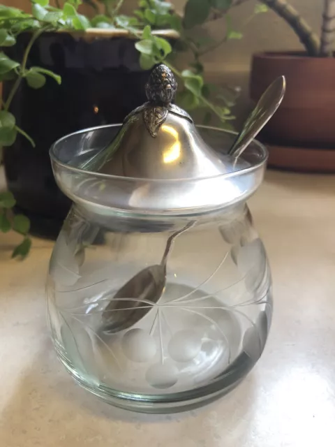 Vintage Etched Jam Jelly Condiment Jar Amston Sterling Spoon  Lid