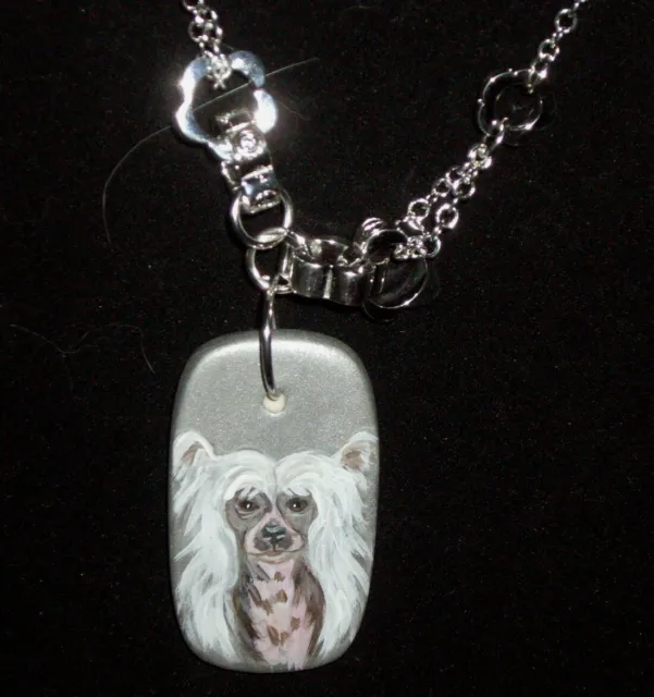 Chinese Crested Dog Silver Necklace Hand Painted Ceramic Pendant Jewelry