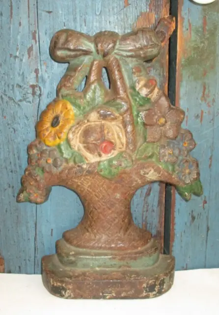 Antique Cast Iron Colorful Flower Basket In Original Paint Doorstop