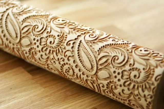 Engraved PAISLEY FLORAL rolling pin wooden laser cut pattern unique design